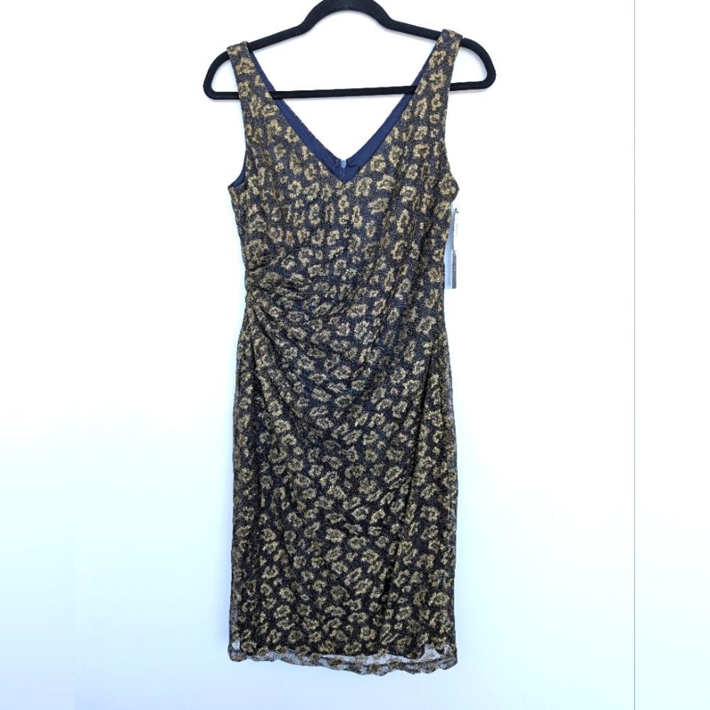 NWT David Meister Metallic Gold Lined V Neck Ruched Side Midi Dress Sz 6 USA